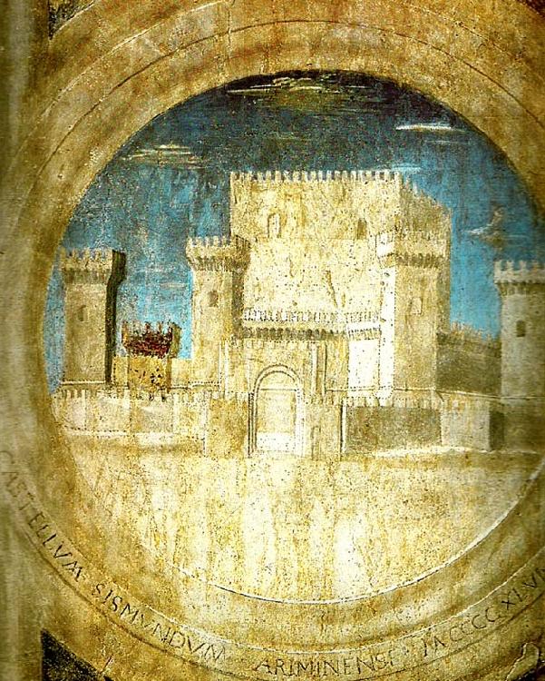 Piero della Francesca detail of the castle from st sigismund and sigismondo oil painting picture